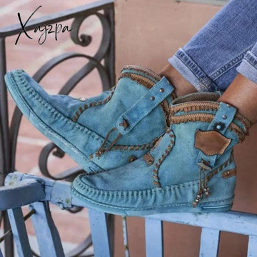 Xajzpa - Women Flats Ankle Boots Gladiator Vintage Bohemia Booties Plus Size Matin Slip On Shoes